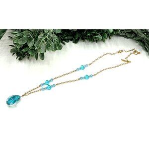Gold Tone Chain Necklace With Aqua Glass Beads and Teardrop Pendant